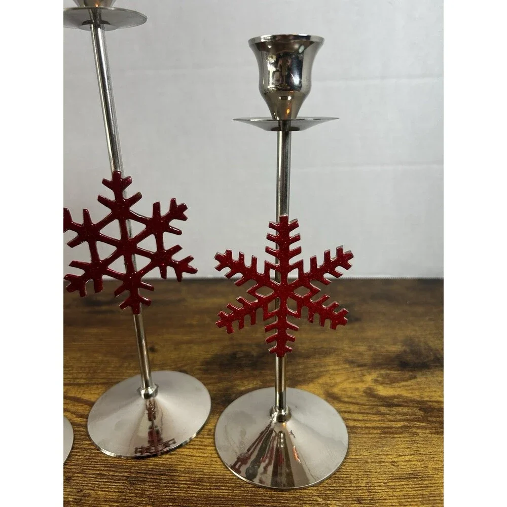 International Silver Red Snowflake Candle Holders Set 3 Christmas Holiday Decor